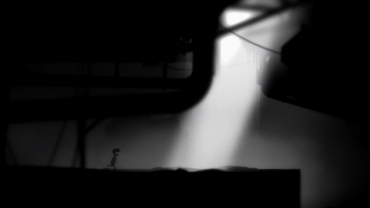 The boy running through a dark passage toward a shaft of light (LIMBO, via Steam)