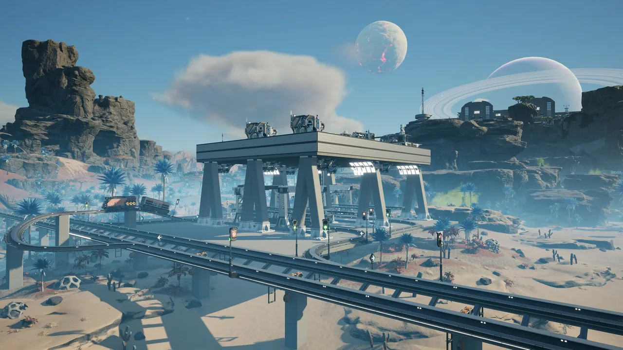 Elevated routes crossing a desert (Satisfactory, via Steam)