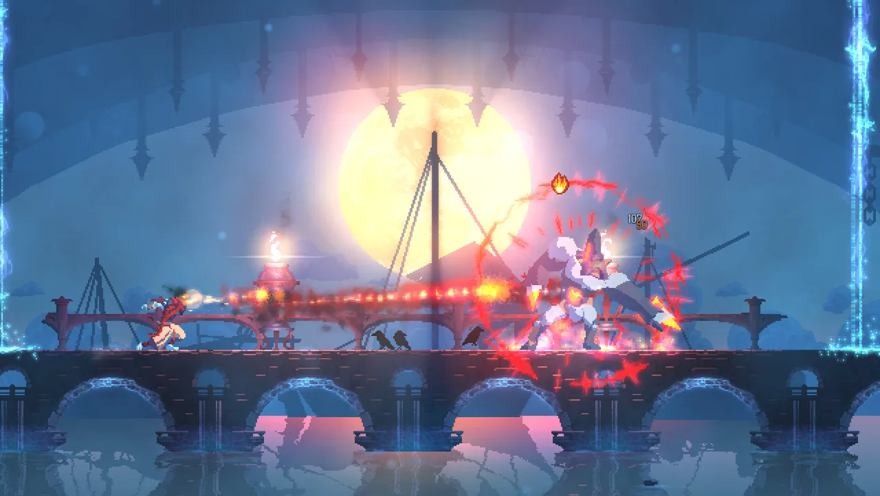 Fighting on a bridge with a large glow in the background (Dead Cells, via Steam)