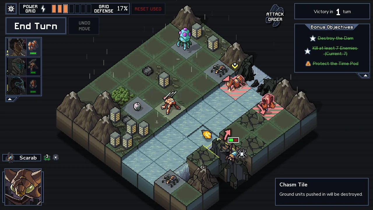 Red attack markers and bonus objectives (Into the Breach, via Steam)