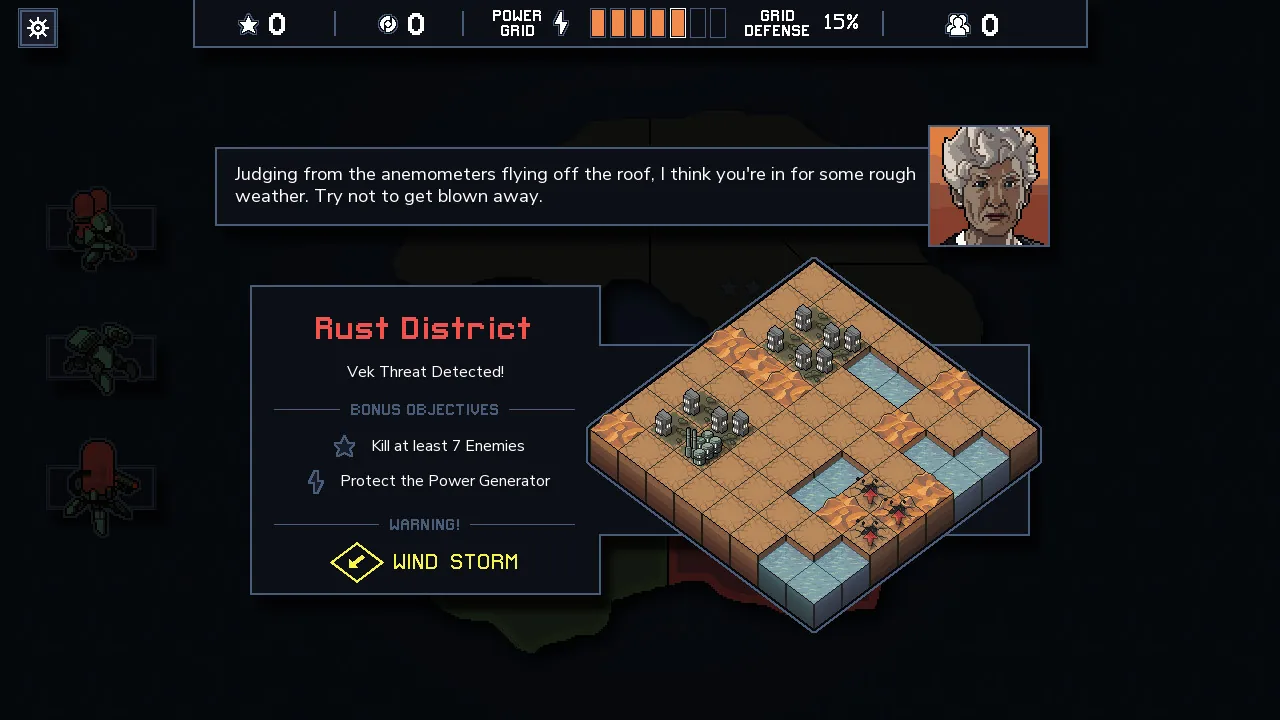 Rust District mission briefing (Into the Breach, via Steam)