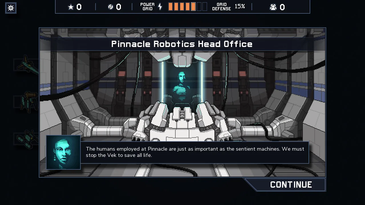 Dialogue at Pinnacle Robotics Head Office (Into the Breach, via Steam)