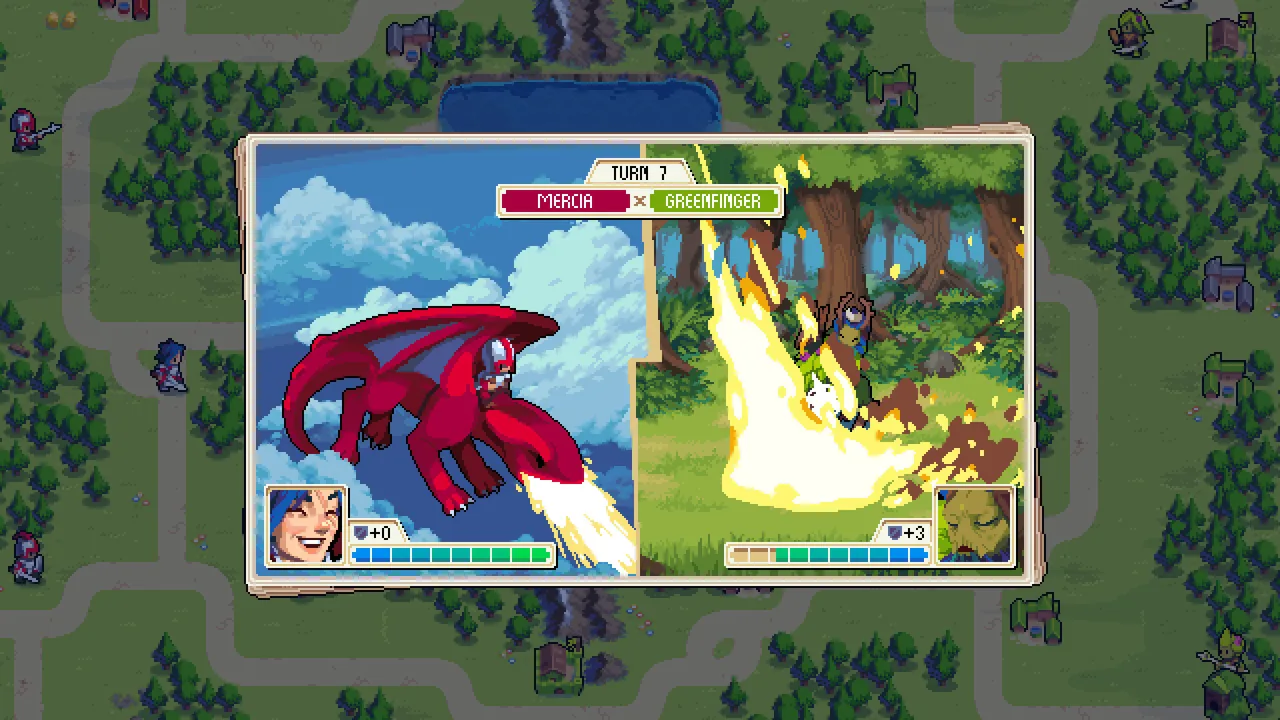 붉은 용이 불을 뿜는 전투 화면 (Wargroove, Steam 상점 제공)