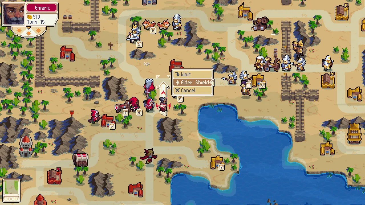 사막 전장과 부대 명령 메뉴 (Wargroove, Steam 상점 제공)