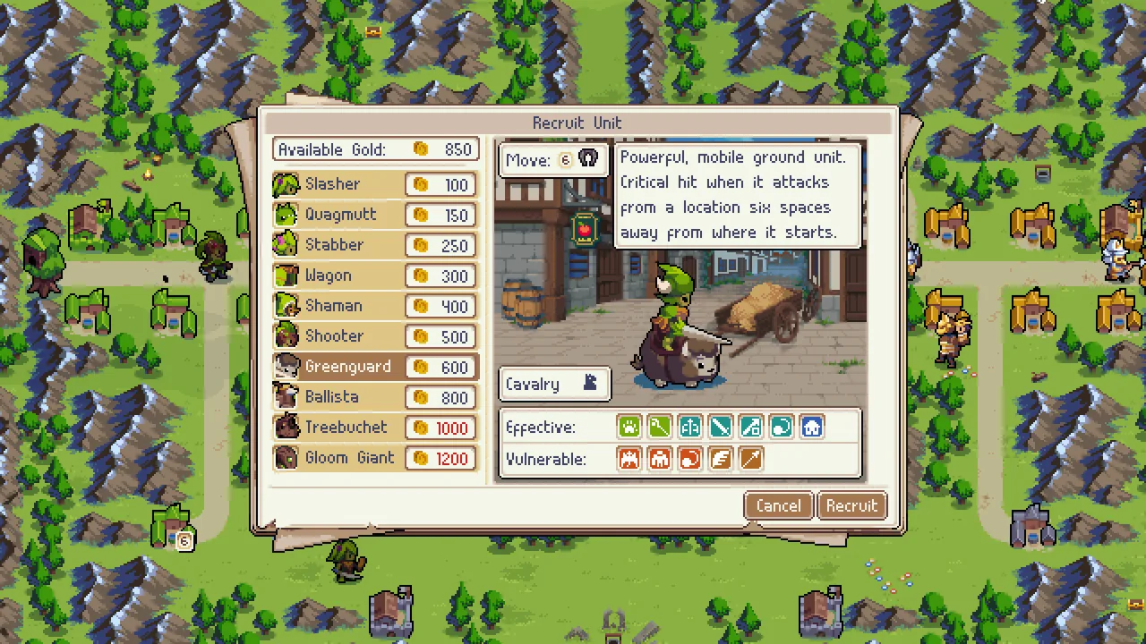 부대 모집 화면 (Wargroove, Steam 상점 제공)