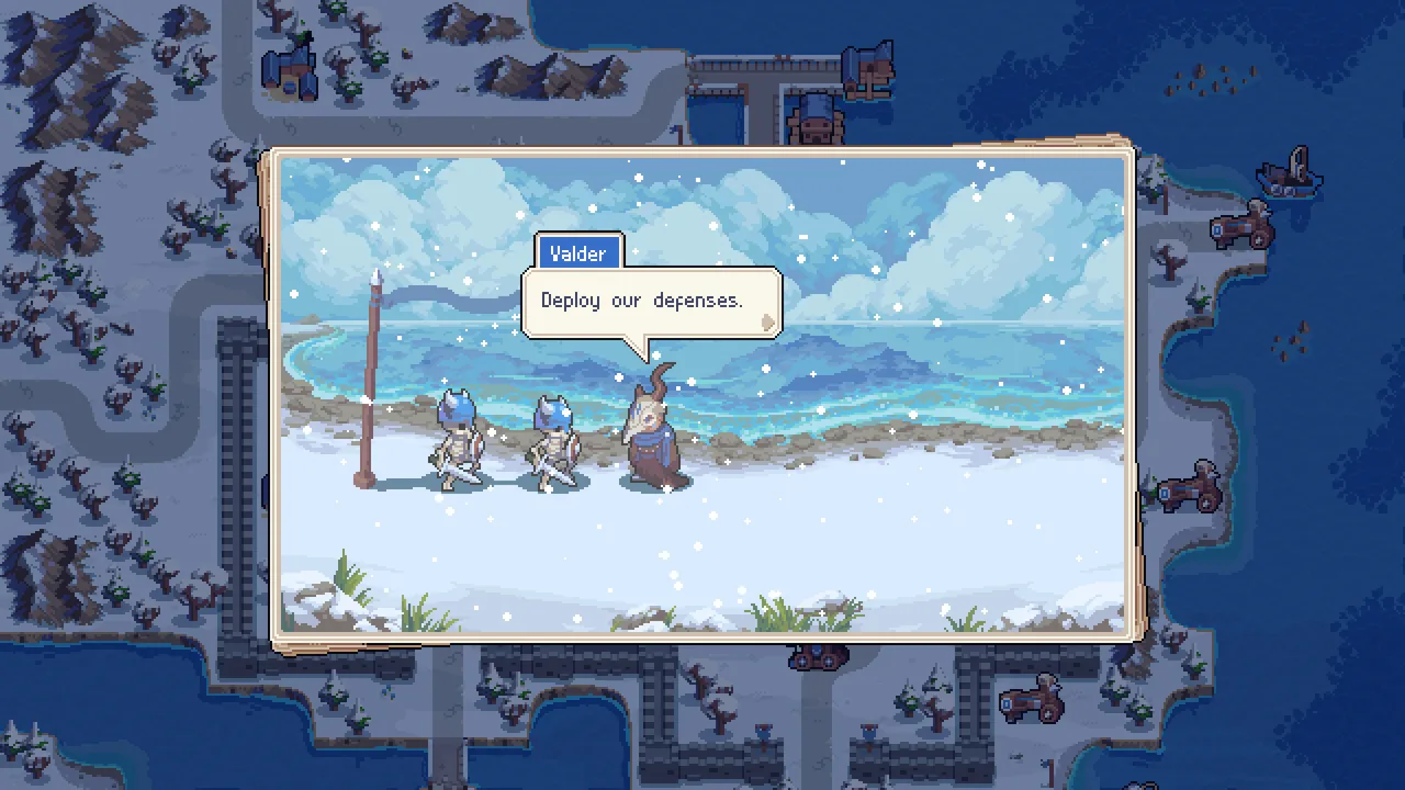 눈 덮인 해안의 대화 장면 (Wargroove, Steam 상점 제공)