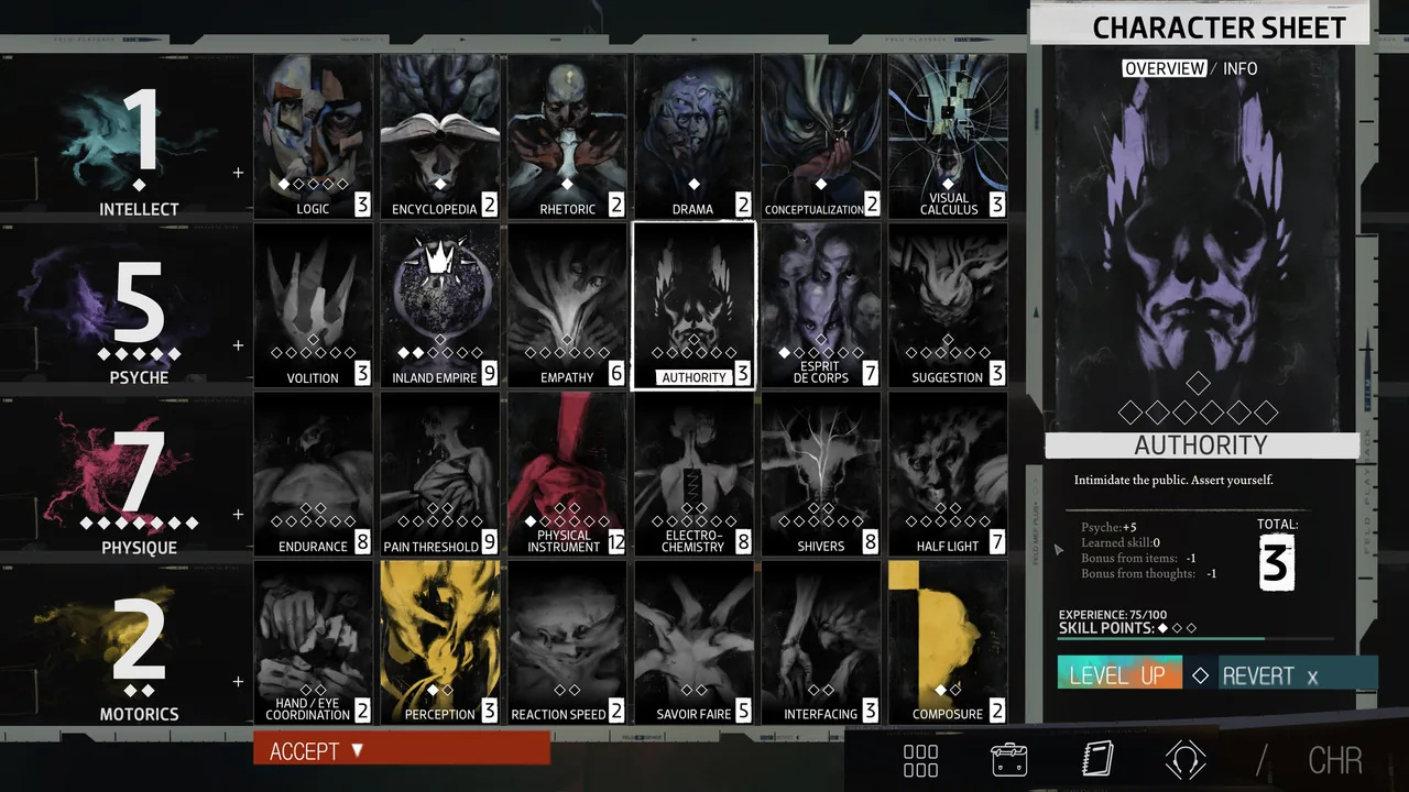 A character sheet filled with skills (Disco Elysium - The Final Cut, via Steam)