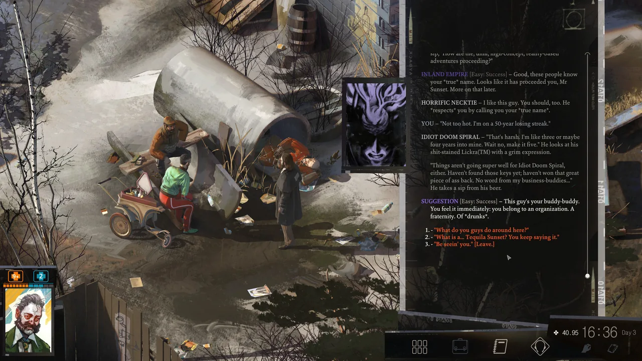 An outdoor conversation with reply choices (Disco Elysium - The Final Cut, via Steam)