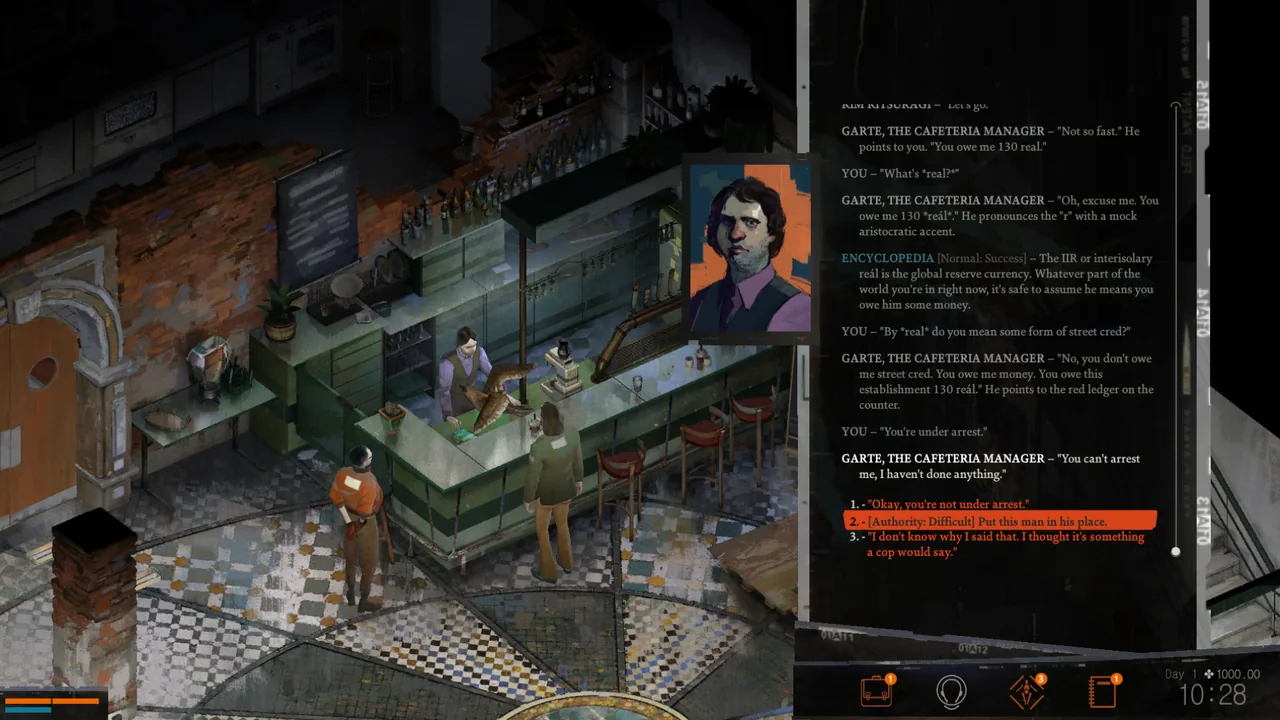 A conversation at the café counter (Disco Elysium - The Final Cut, via Steam)