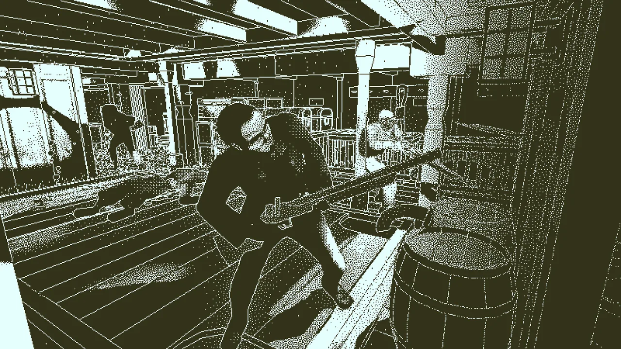 An armed figure and people below deck (Return of the Obra Dinn, via Steam)