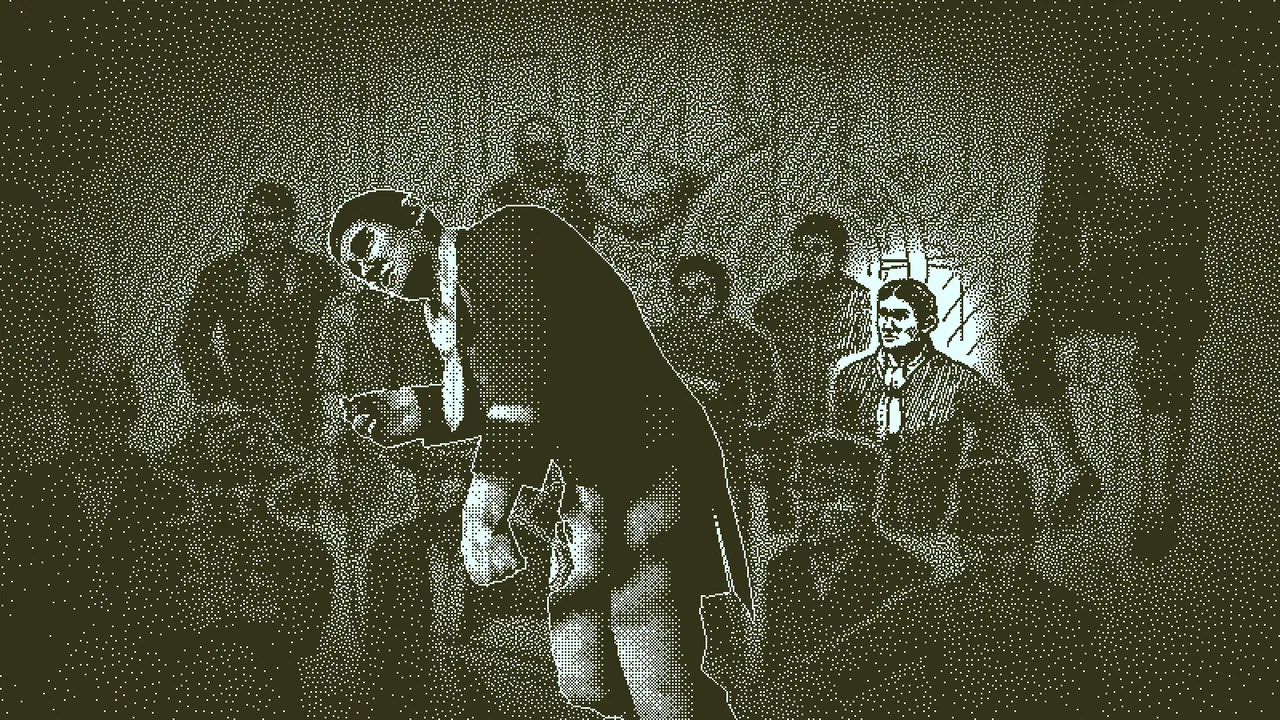 People gathered in a dark scene (Return of the Obra Dinn, via Steam)