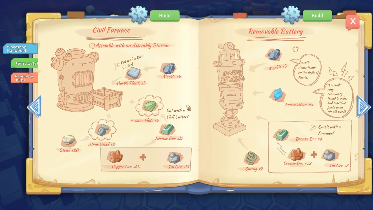 組み立て手帳の設計図と材料(My Time at Portia・Steamストアより)