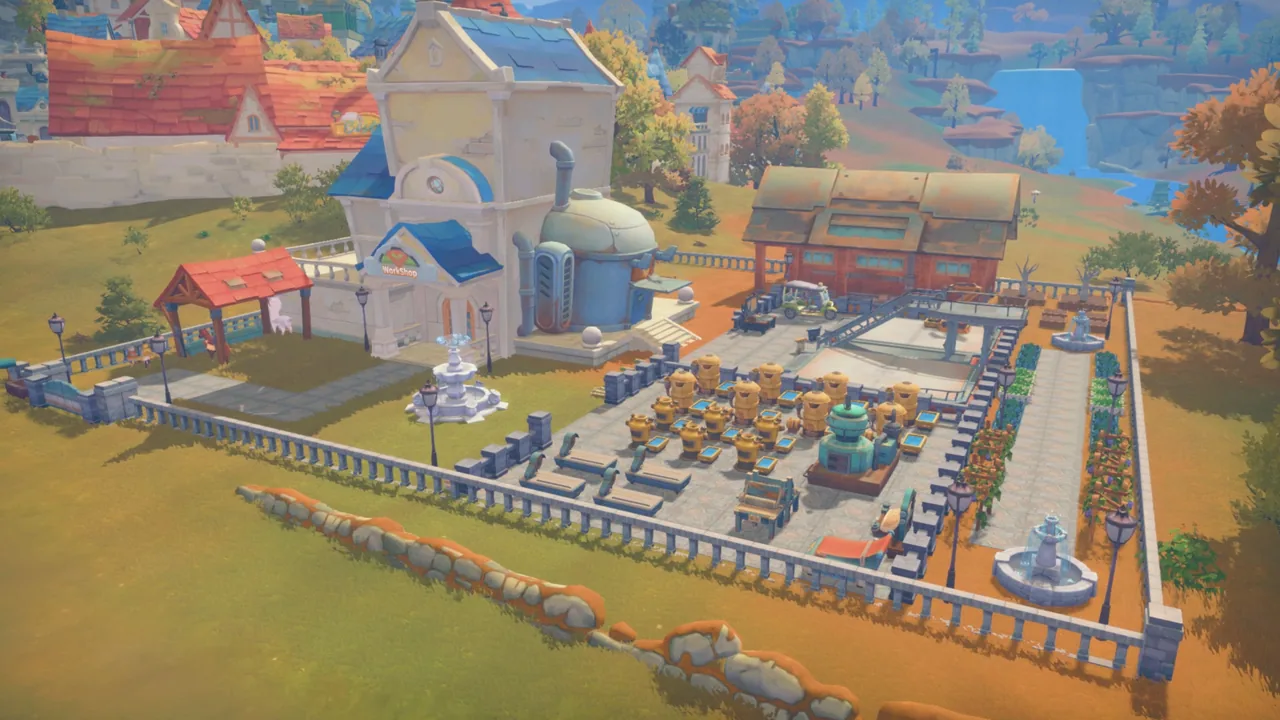 工房の庭に並んだ加工機(My Time at Portia・Steamストアより)