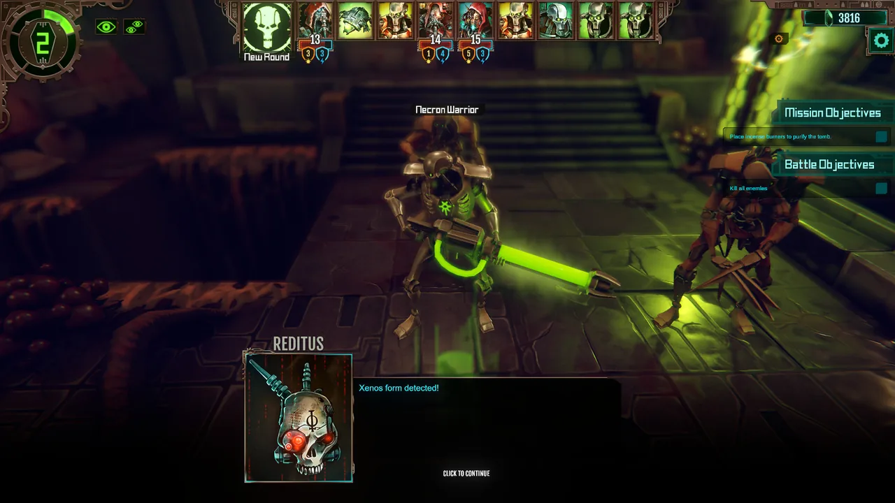 A Necron Warrior and dialogue box (Warhammer 40,000: Mechanicus, via Steam)