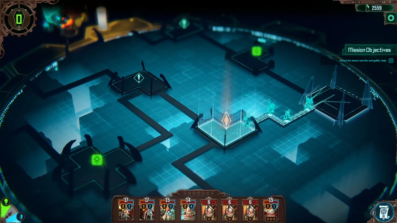 A blue holographic battlefield map (Warhammer 40,000: Mechanicus, via Steam)
