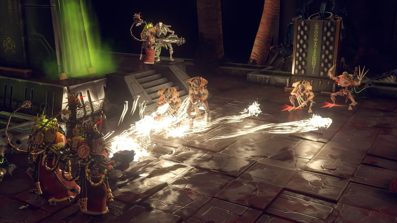 Armed units facing enemies (Warhammer 40,000: Mechanicus, via Steam)