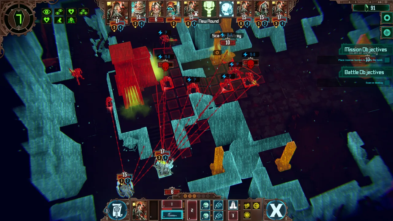 Red tiles and enemy positions (Warhammer 40,000: Mechanicus, via Steam)