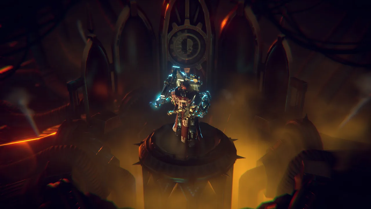 A mechanical figure before a device (Warhammer 40,000: Mechanicus, via Steam)
