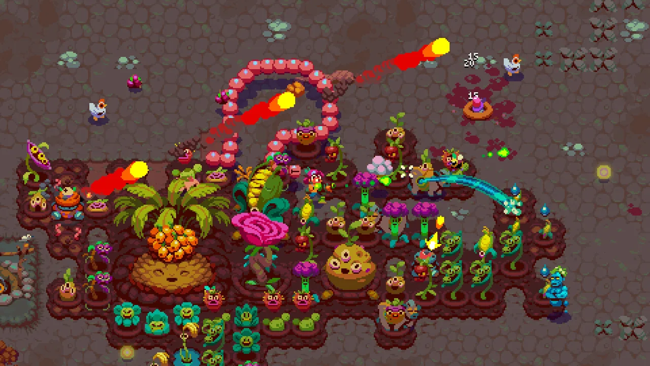 A crowded crop field with projectiles flying through it (Atomicrops, via Steam)