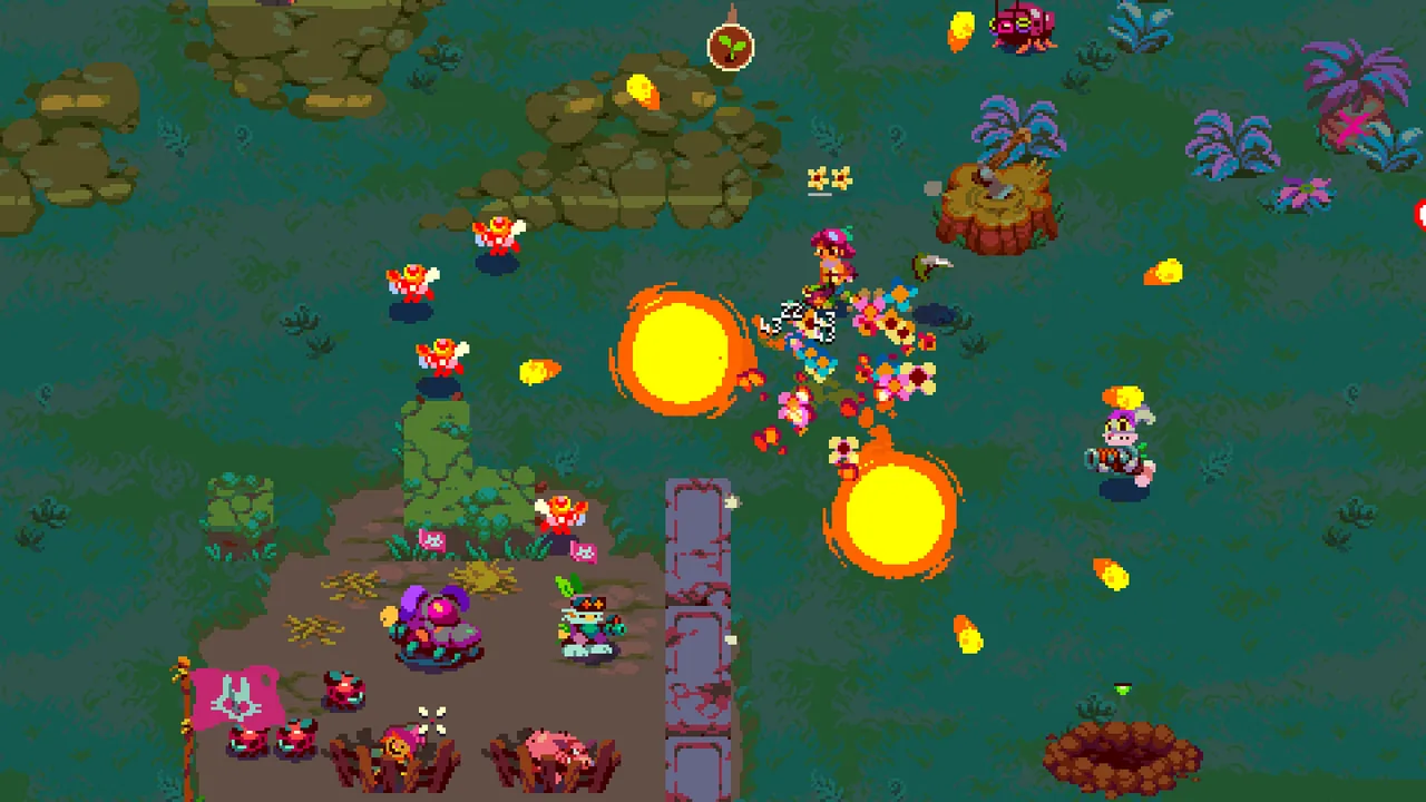 Large glowing projectiles flying through a fight (Atomicrops, via Steam)