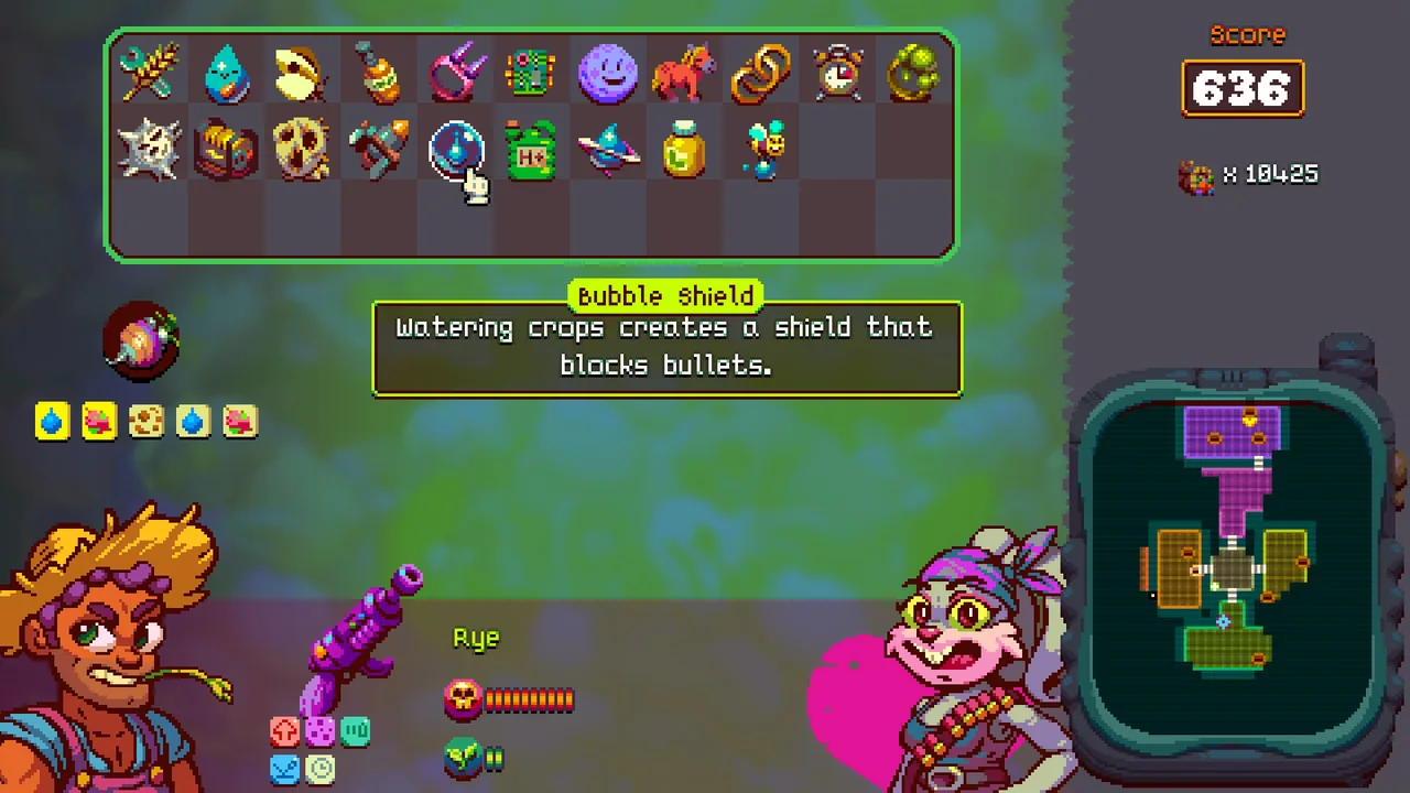 A screen showing item icons and a map (Atomicrops, via Steam)
