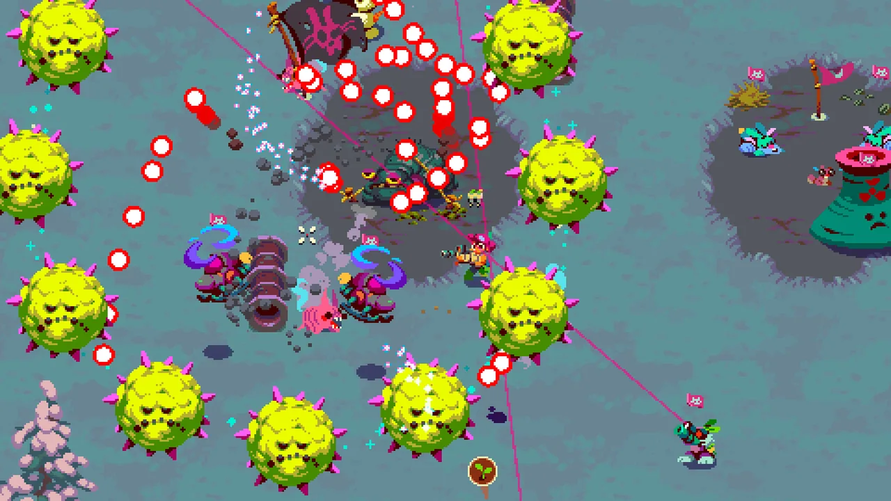 A screen crowded with enemies and bullets (Atomicrops, via Steam)