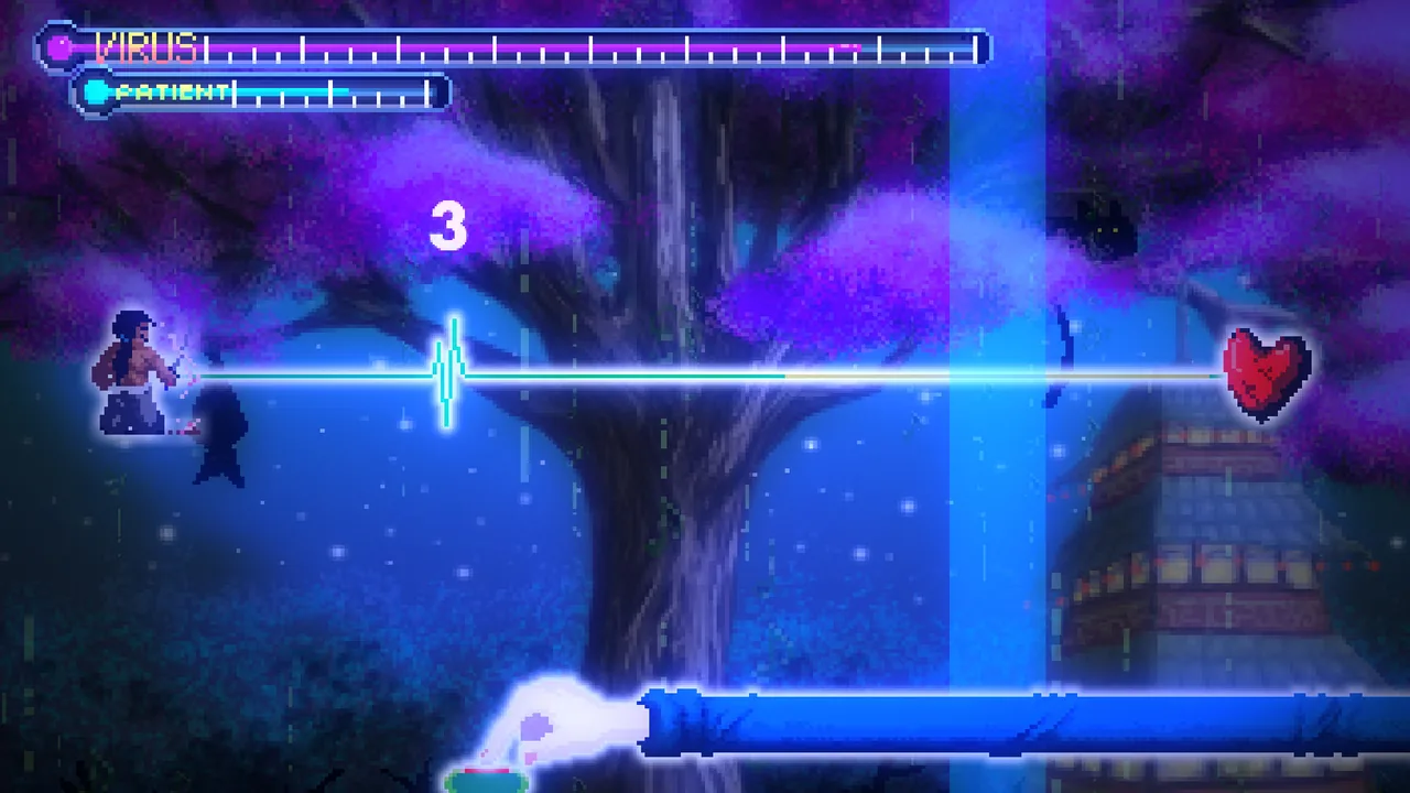 A heartbeat line surrounded by blue light (Rhythm Doctor, via Steam)