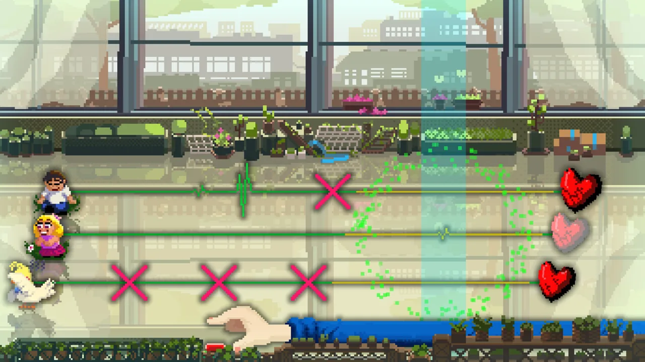 Heartbeat lines and miss marks (Rhythm Doctor, via Steam)
