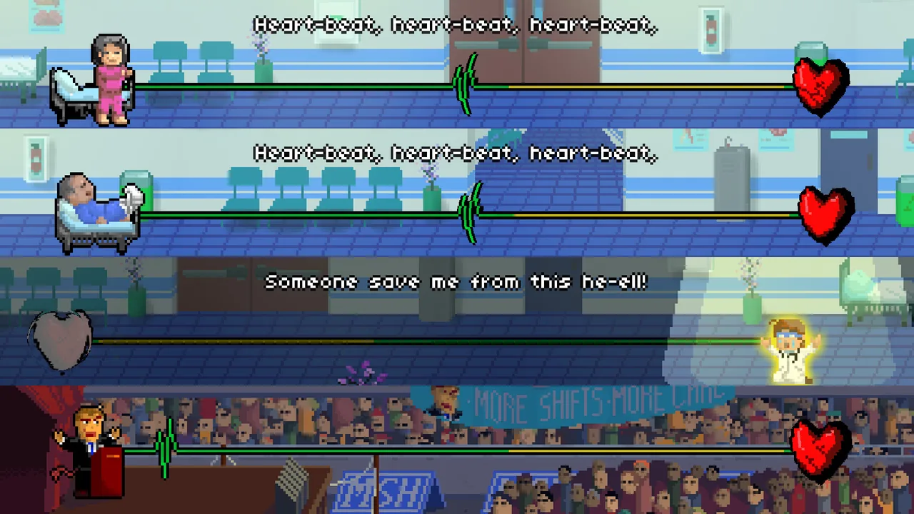 Heartbeat lines displayed in rows (Rhythm Doctor, via Steam)