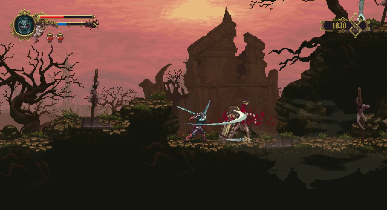A sword strike beneath a red sky (Blasphemous, via Steam)