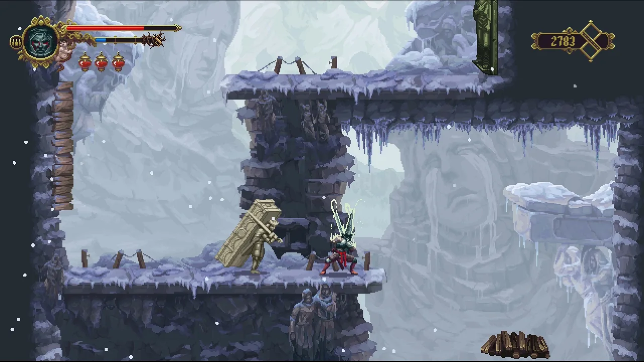 Snowy platforms above a drop (Blasphemous, via Steam)