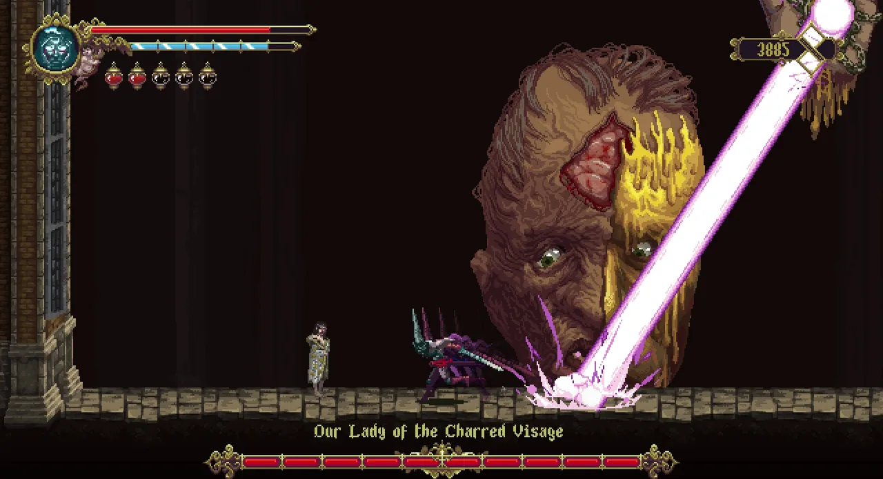 A giant face and a slanted beam (Blasphemous, via Steam)