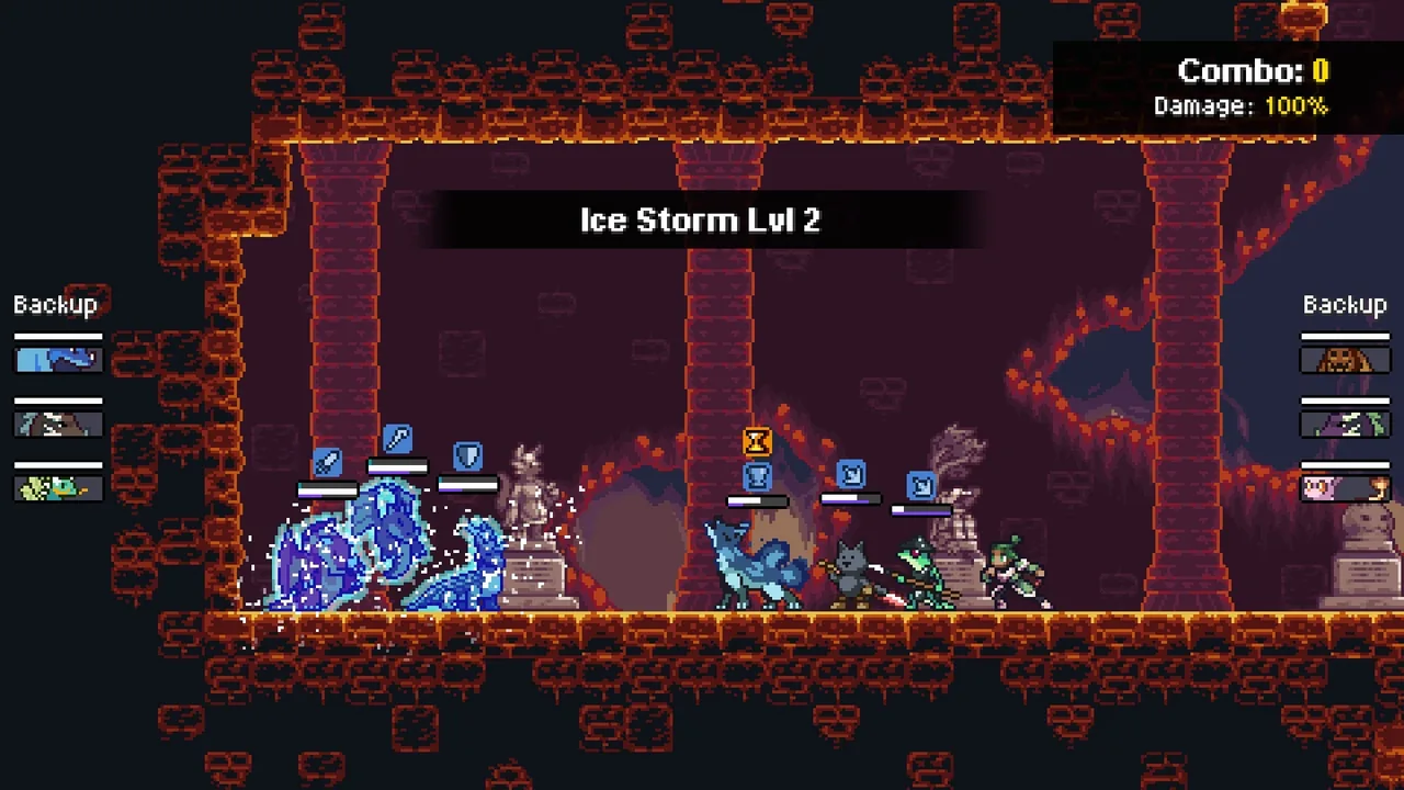 A battle screen showing Ice Storm (Monster Sanctuary, via Steam)