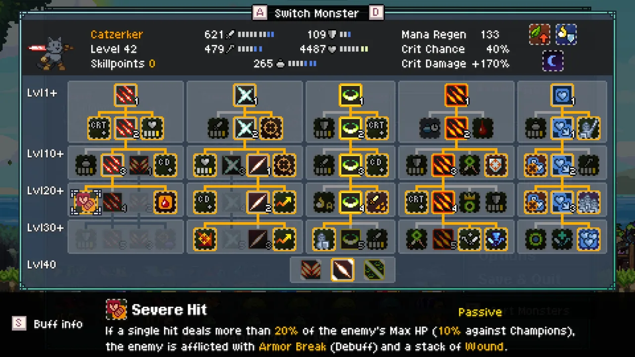 A monster's skill tree screen (Monster Sanctuary, via Steam)
