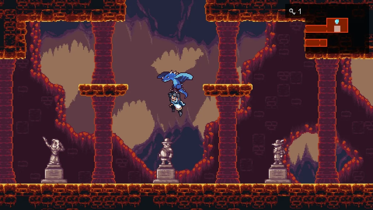 Stone platforms and the keeper in midair (Monster Sanctuary, via Steam)