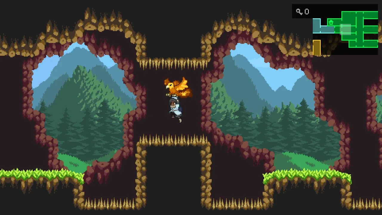 Hanging from a bird between spikes (Monster Sanctuary, via Steam)