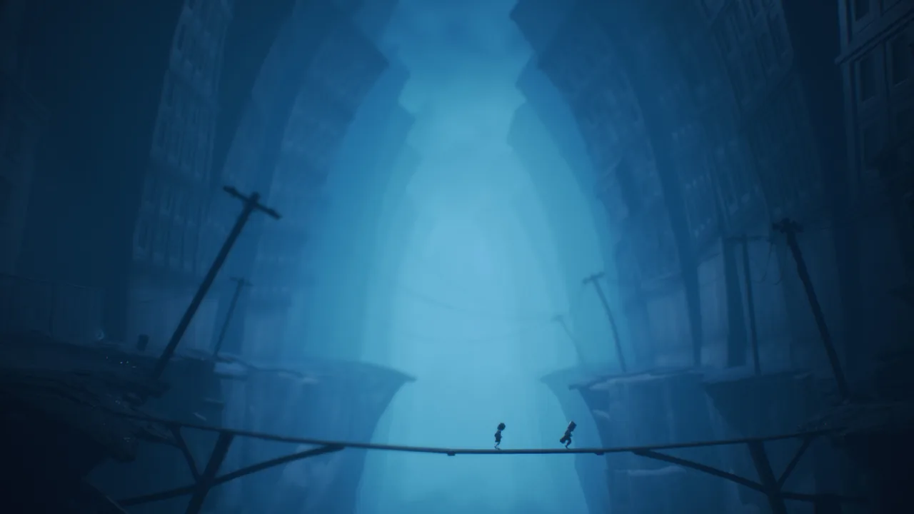 Mono and Six crossing a narrow bridge (Little Nightmares II, via Steam)