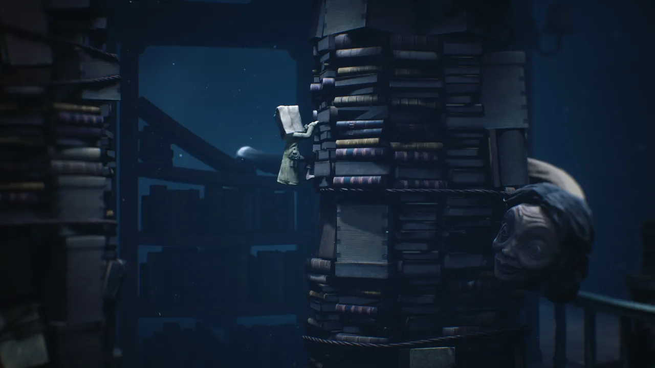 A child climbing books as a face peers out (Little Nightmares II, via Steam)