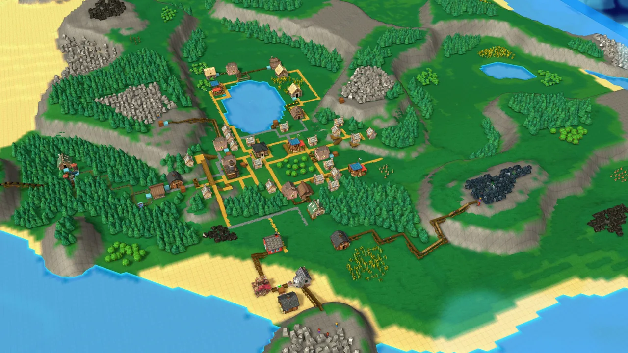 Roads and buildings around a lake (Factory Town, via Steam)