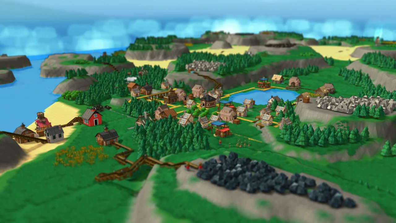 A town and pond among the trees (Factory Town, via Steam)