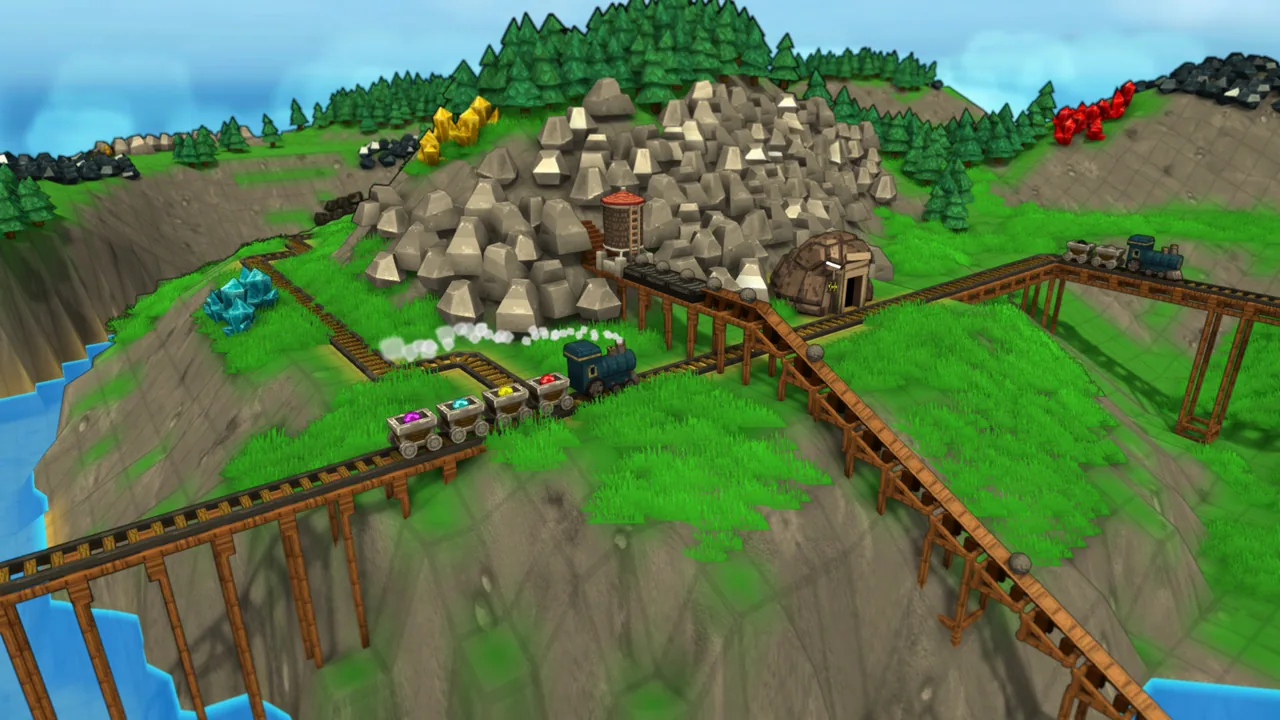Trains on elevated tracks (Factory Town, via Steam)