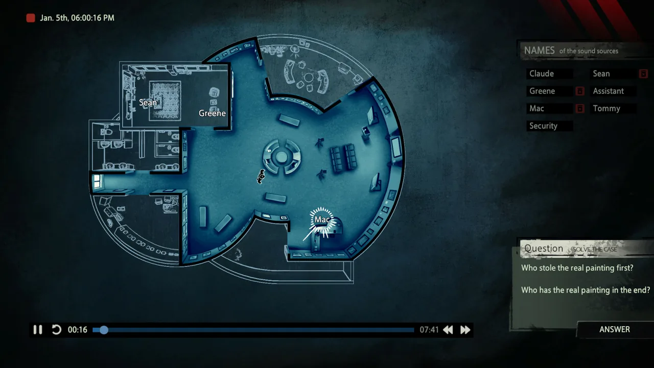 A circular floor plan with people marked (Unheard - Voices of Crime, via Steam)