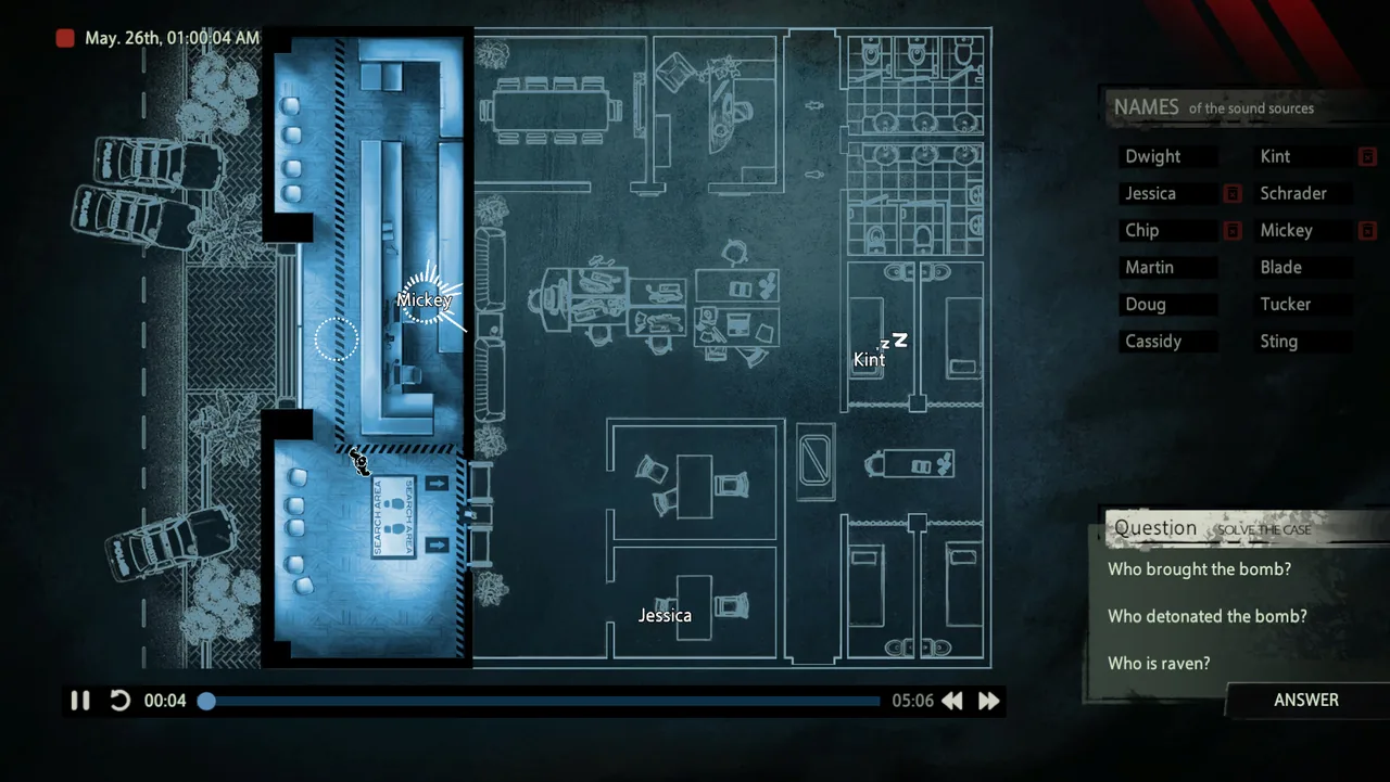 A floor plan, a name list, and case questions (Unheard - Voices of Crime, via Steam)
