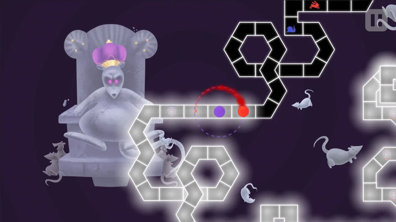 Hexagonal paths and red and purple orbs (A Dance of Fire and Ice, via Steam)